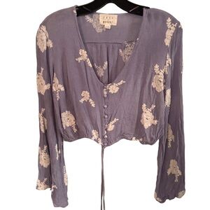 Lost + Wander Iris Crop Top Button Down White Floral Embroidery Bell Sleeves| M